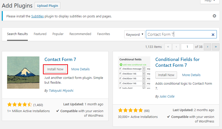 Search for 'Contact Form 7' and click 'Install Now'